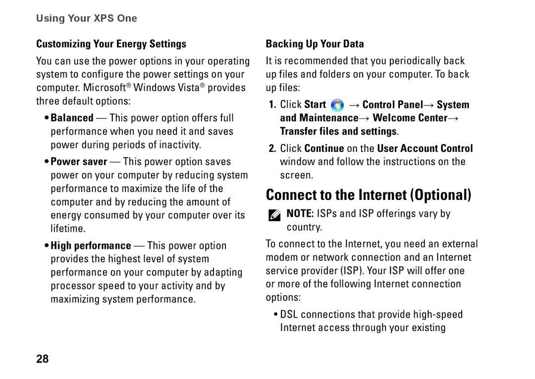 Dell HW049, MTG24, A2420 setup guide Connect to the Internet Optional, Customizing Your Energy Settings, Backing Up Your Data 