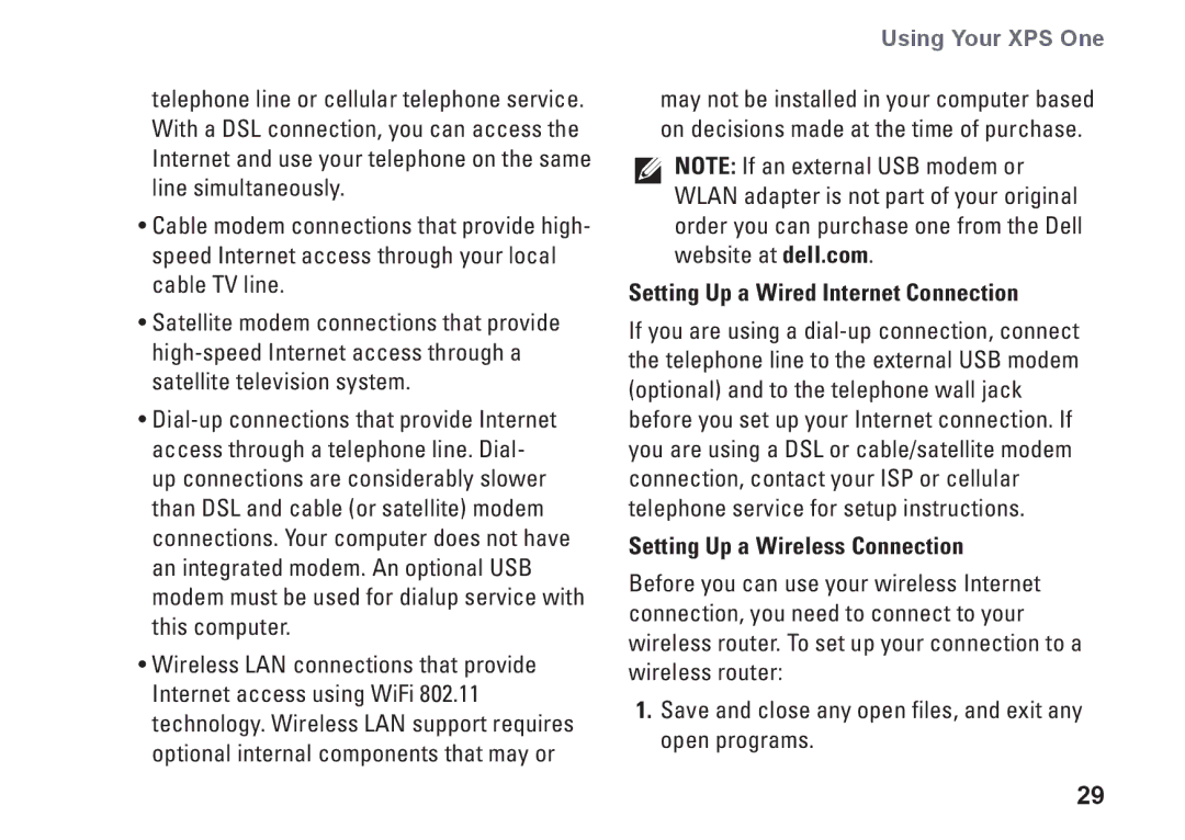 Dell MTG24, HW049, A2420 setup guide Setting Up a Wired Internet Connection, Setting Up a Wireless Connection 