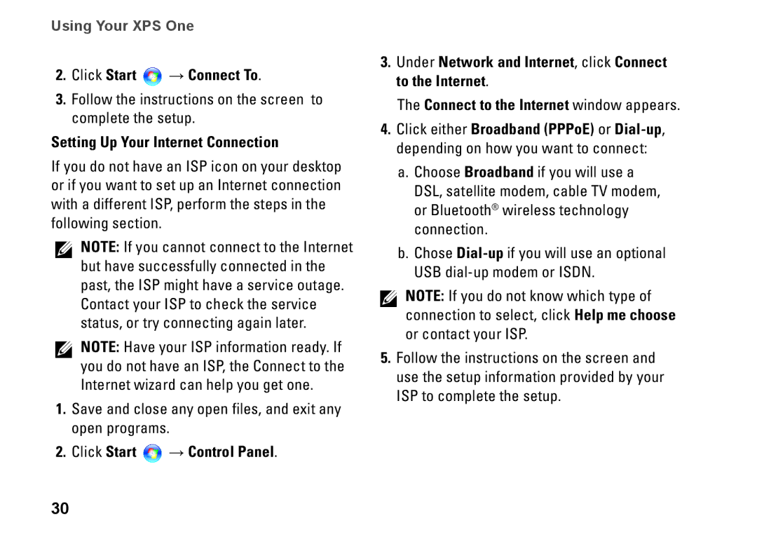 Dell A2420, HW049, MTG24 setup guide Click Start → Connect To, Setting Up Your Internet Connection 