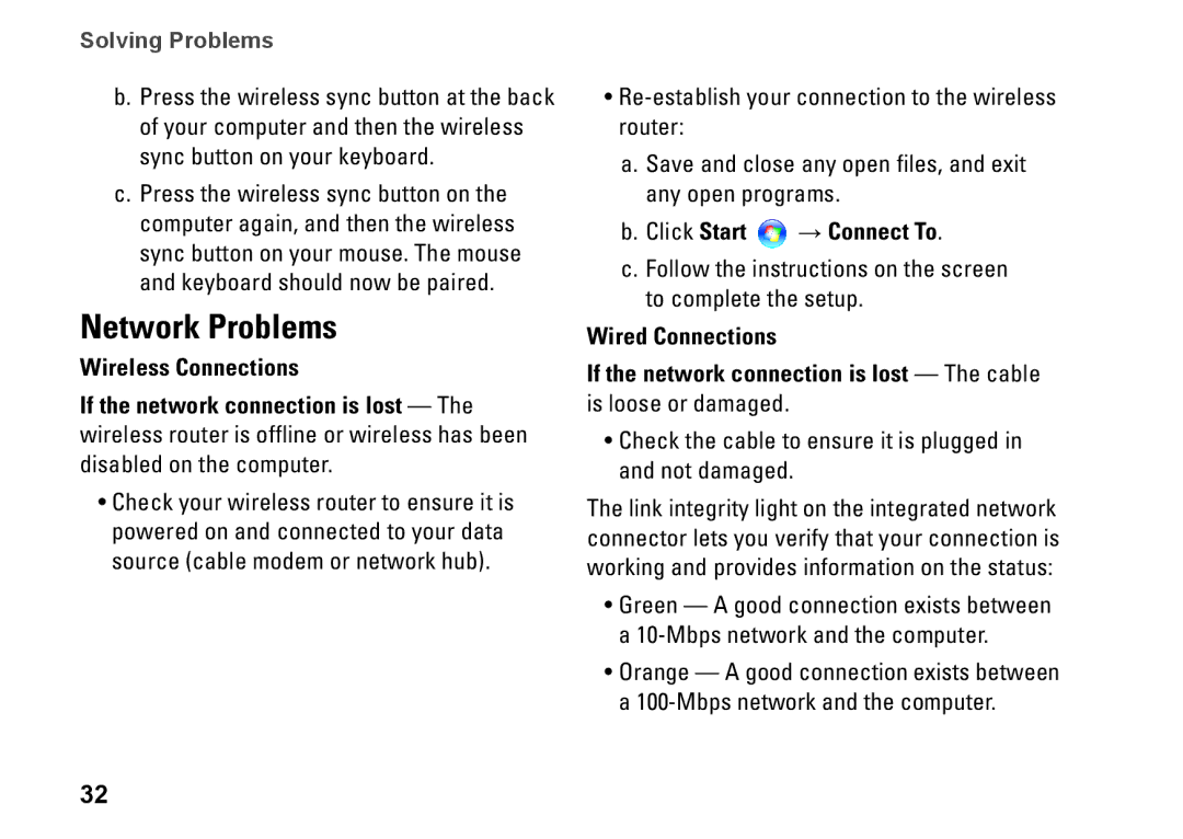 Dell MTG24, HW049, A2420 setup guide Network Problems, Solving Problems 