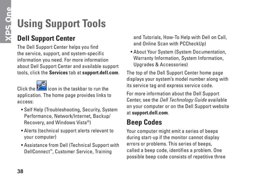 Dell MTG24, HW049, A2420 setup guide Using Support Tools, Dell Support Center, Beep Codes 