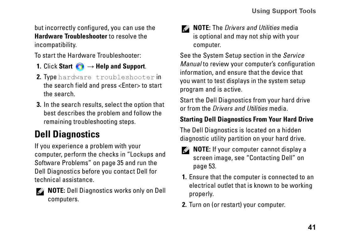 Dell MTG24, HW049, A2420 setup guide Click Start → Help and Support, Starting Dell Diagnostics From Your Hard Drive 