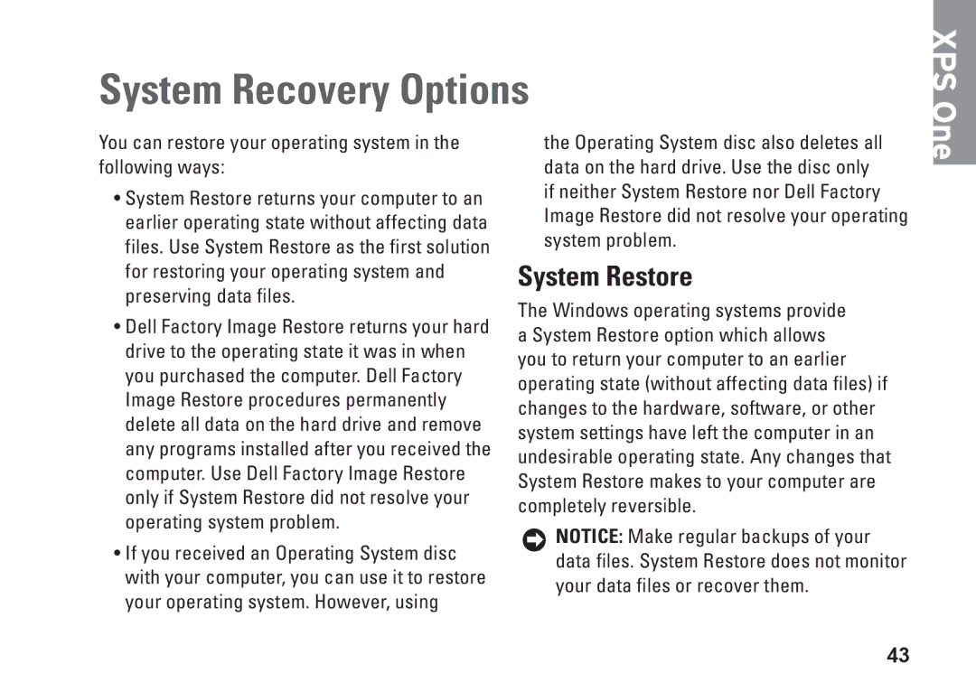 Dell HW049, MTG24, A2420 setup guide System Recovery Options, System Restore 