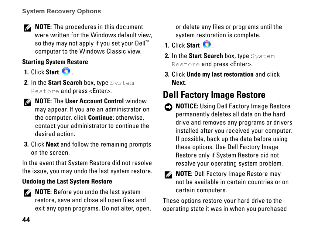 Dell MTG24, HW049, A2420 setup guide Dell Factory Image Restore, Starting System Restore, Undoing the Last System Restore 