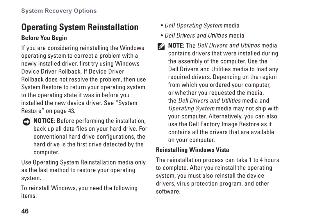 Dell HW049, MTG24, A2420 setup guide Before You Begin, Reinstalling Windows Vista 