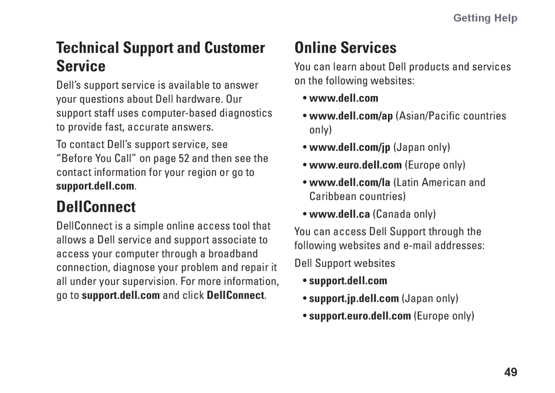 Dell HW049, MTG24, A2420 setup guide DellConnect, Online Services, Support.dell.com 