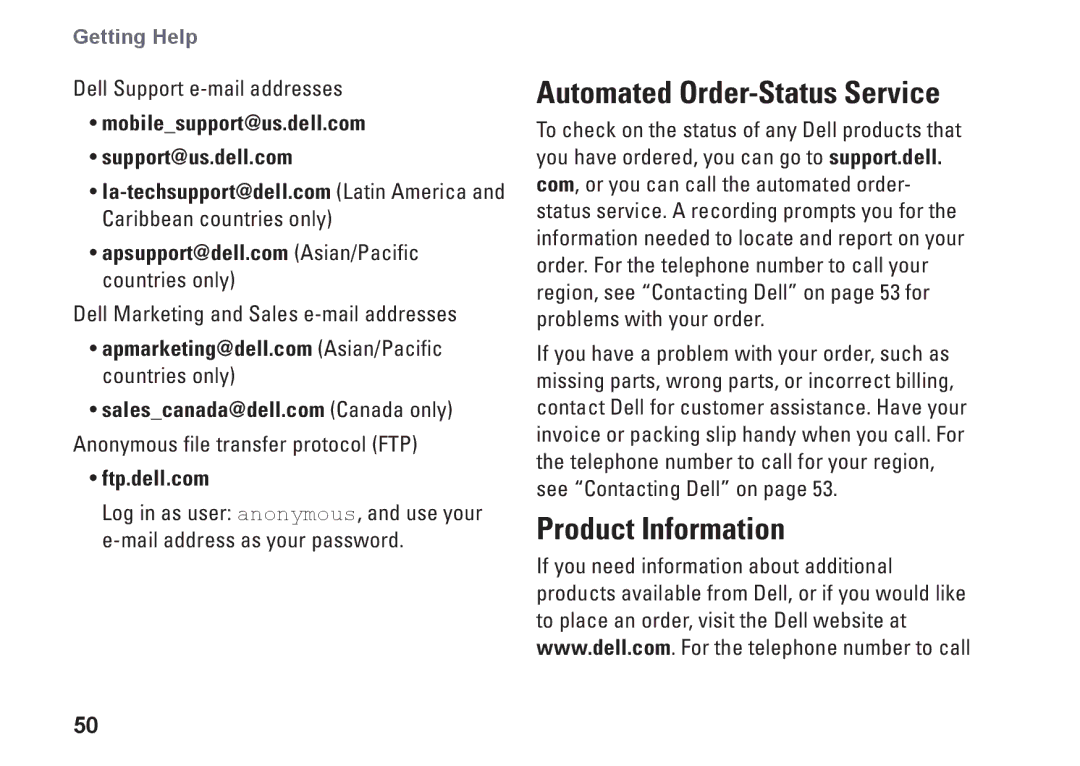 Dell MTG24, HW049, A2420 Automated Order-Status Service, Product Information, Mobilesupport@us.dell.com Support@us.dell.com 