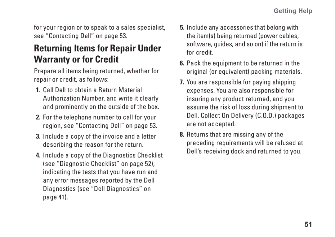 Dell A2420, HW049, MTG24 setup guide Returning Items for Repair Under Warranty or for Credit 