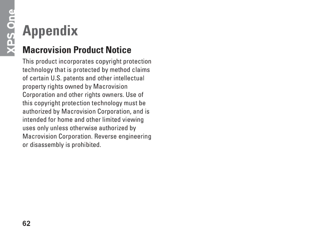 Dell MTG24, HW049, A2420 setup guide Appendix, Macrovision Product Notice 