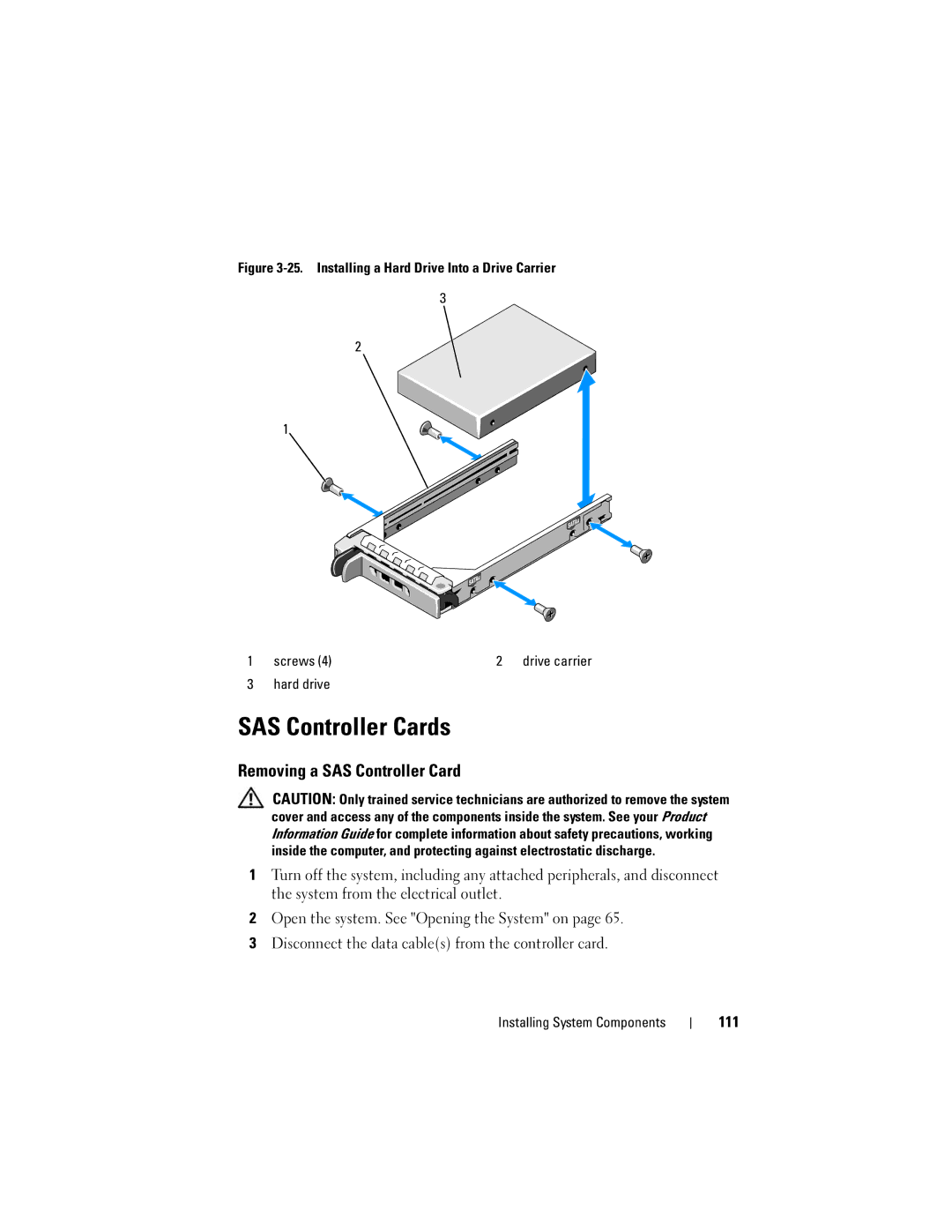 Dell R905, HX574 owner manual SAS Controller Cards, Removing a SAS Controller Card, 111 