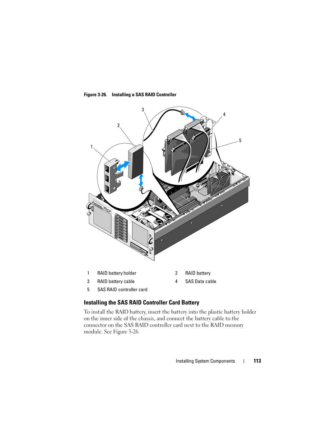 Dell R905, HX574 owner manual Installing the SAS RAID Controller Card Battery, 113, SAS RAID controller card 