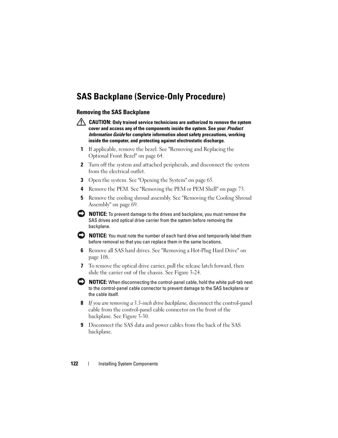 Dell HX574, R905 owner manual SAS Backplane Service-Only Procedure, Removing the SAS Backplane 