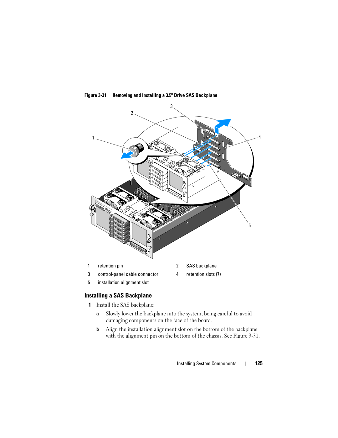 Dell R905, HX574 owner manual Installing a SAS Backplane, 125, Installation alignment slot 