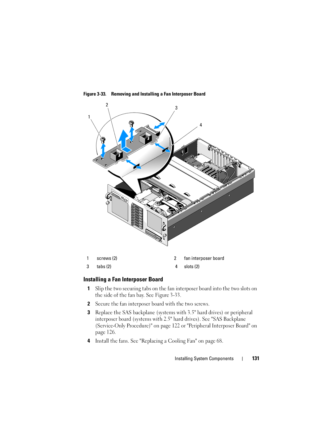 Dell R905, HX574 owner manual Installing a Fan Interposer Board, 131, Tabs Slots 