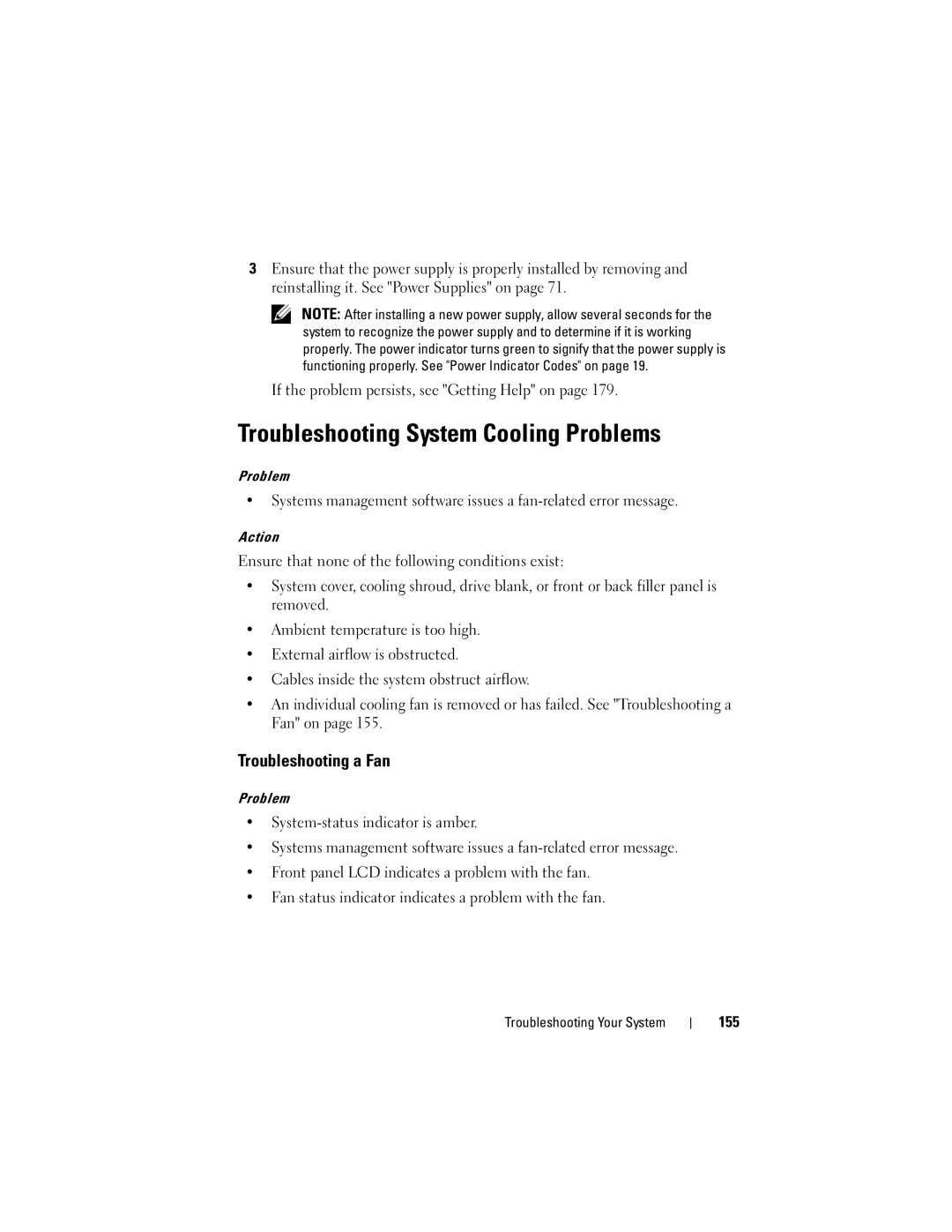 Dell R905, HX574 owner manual Troubleshooting System Cooling Problems, Troubleshooting a Fan, 155 