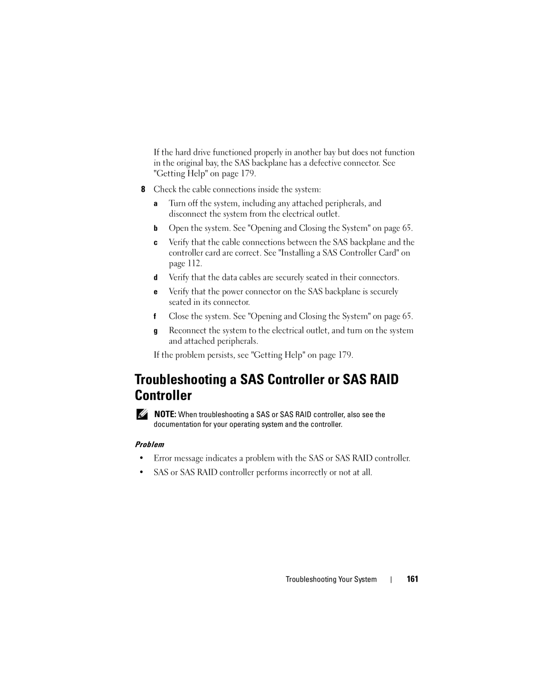 Dell R905, HX574 owner manual Troubleshooting a SAS Controller or SAS RAID Controller, 161 