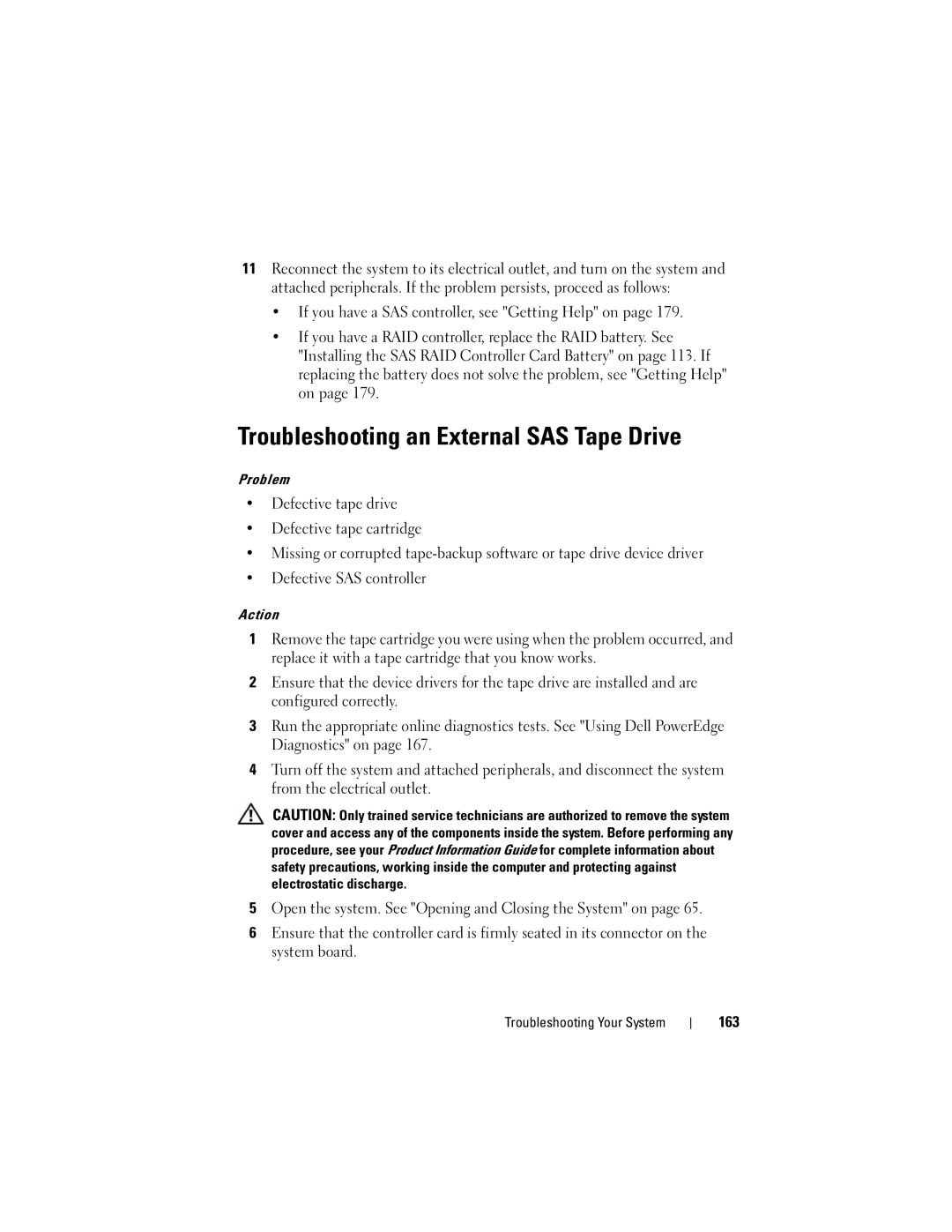 Dell R905, HX574 owner manual Troubleshooting an External SAS Tape Drive, 163 