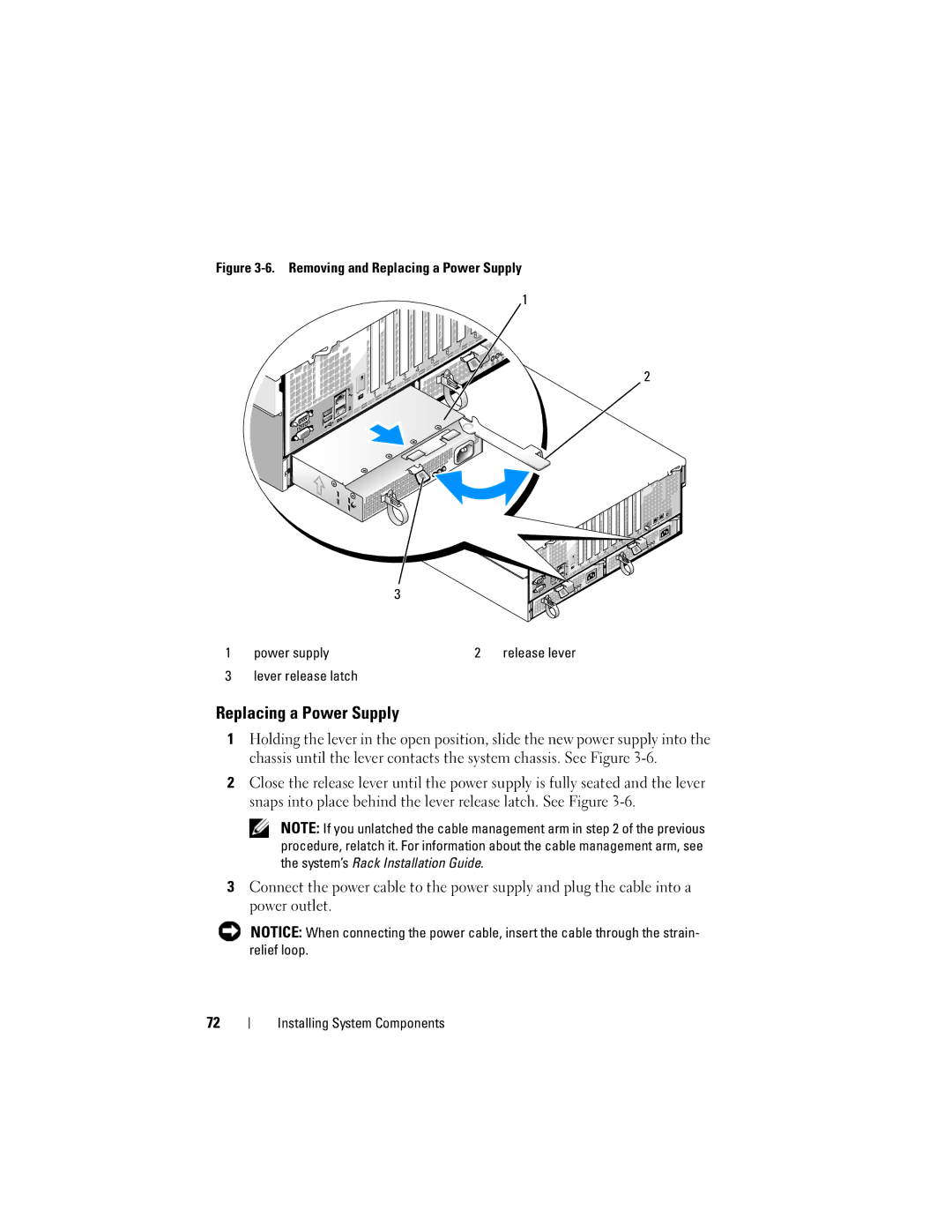 Dell HX574, R905 owner manual Replacing a Power Supply, Lever release latch 