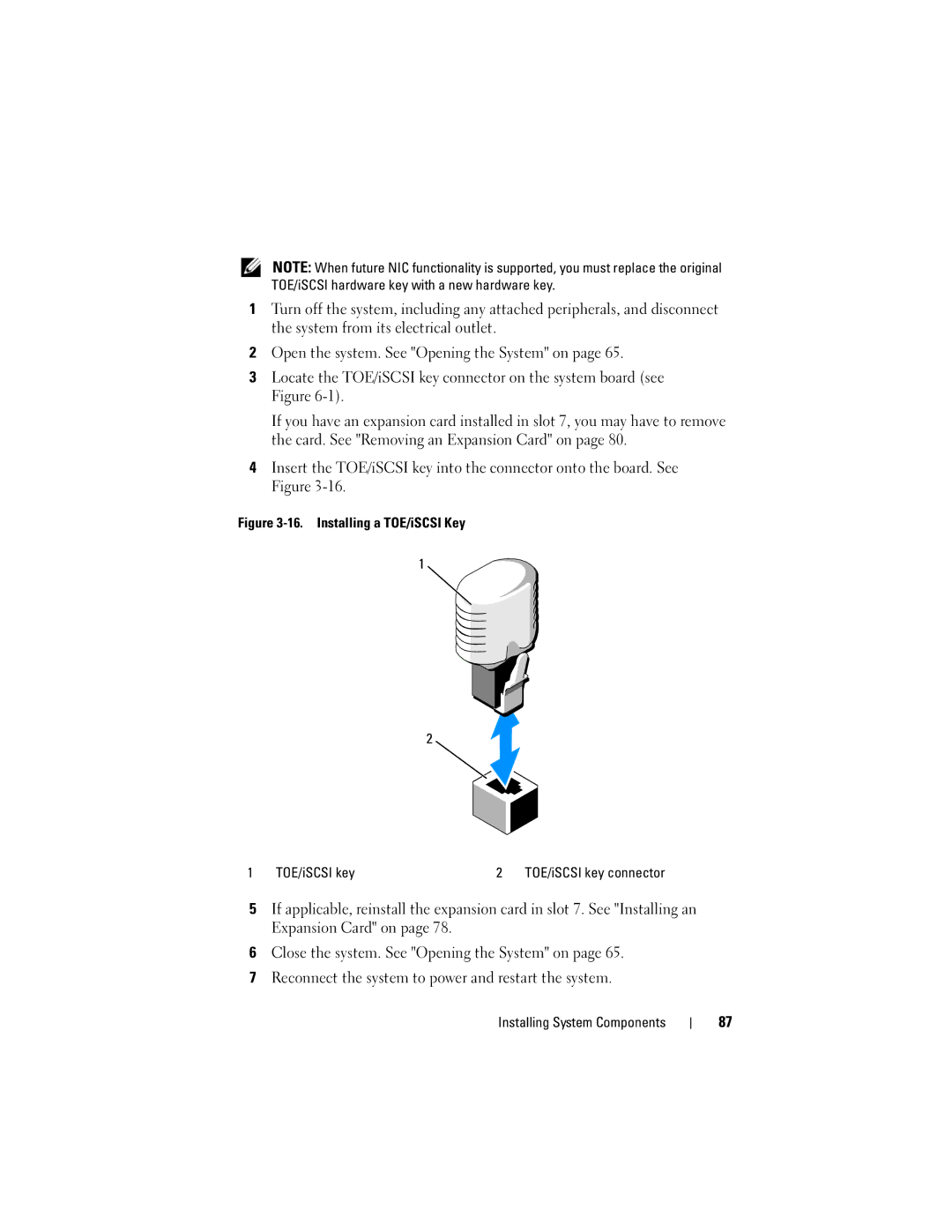 Dell R905, HX574 owner manual Installing a TOE/iSCSI Key TOE/iSCSI key 