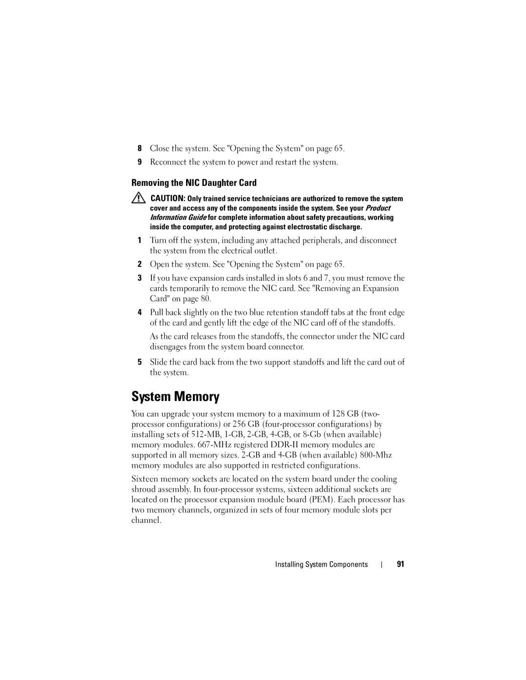 Dell R905, HX574 owner manual System Memory, Removing the NIC Daughter Card 