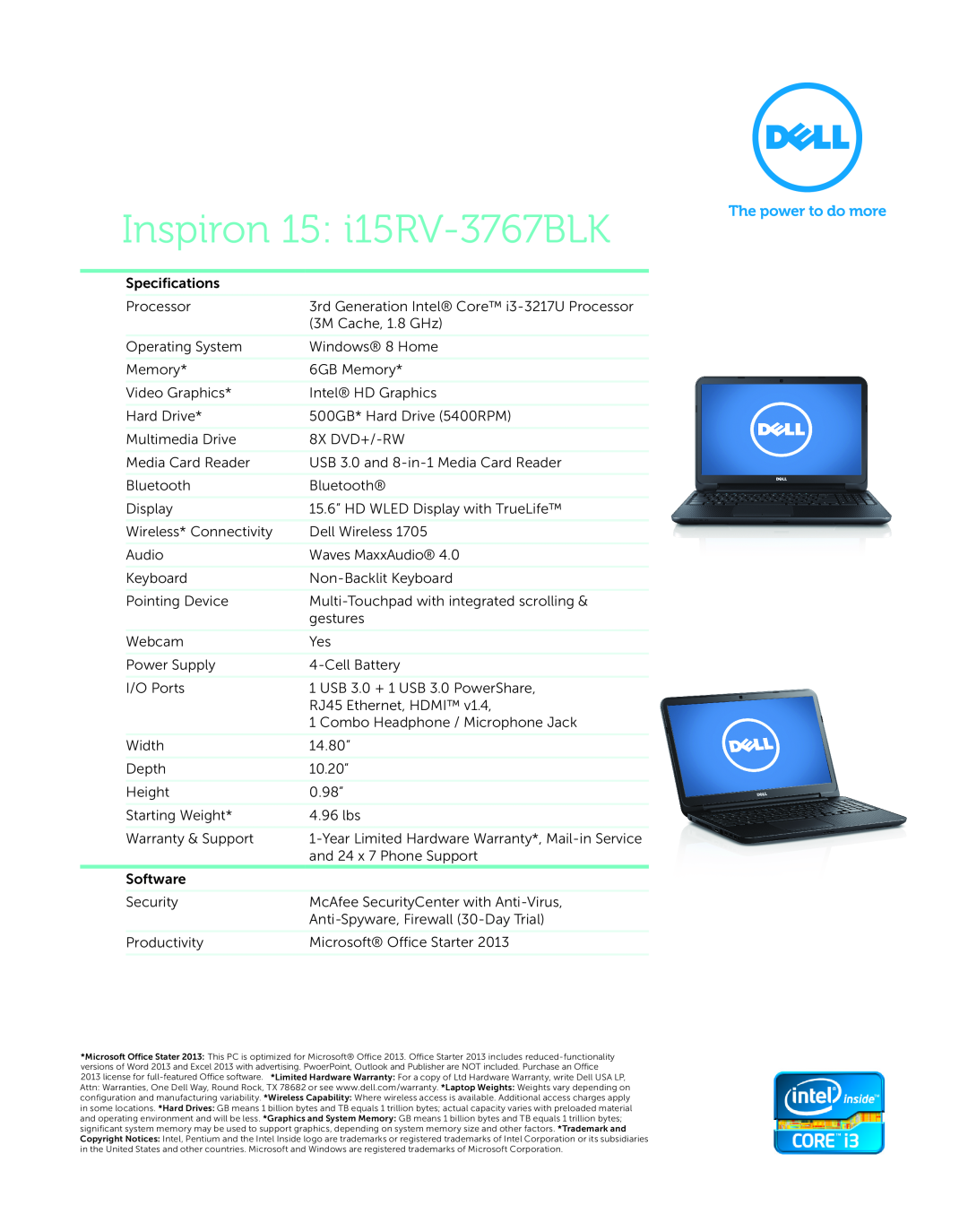 Dell i15RV1383BLK manual Inspiron 15 i15RV-3767BLK 