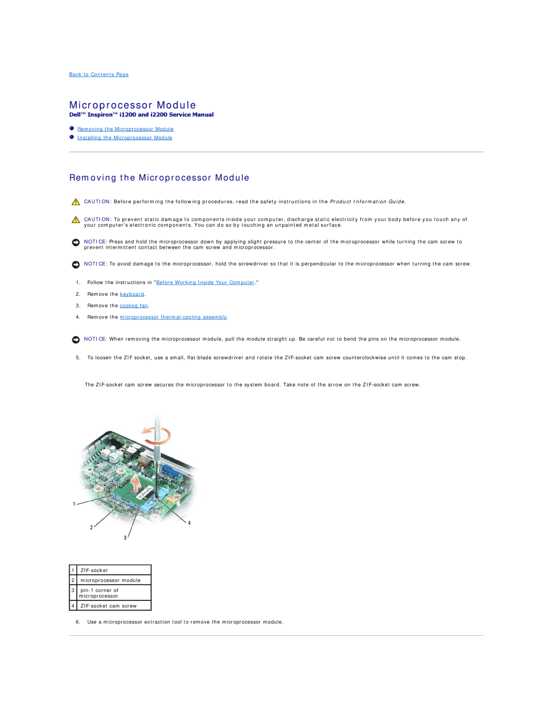 Dell I2200, I1200 manual Removing the Microprocessor Module 