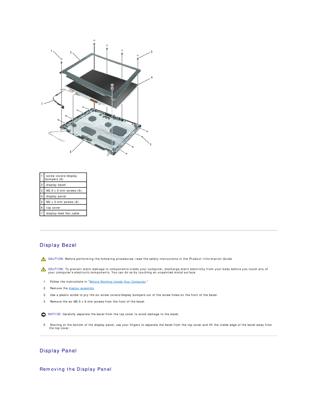 Dell I1200, I2200 manual Display Bezel, Removing the Display Panel 