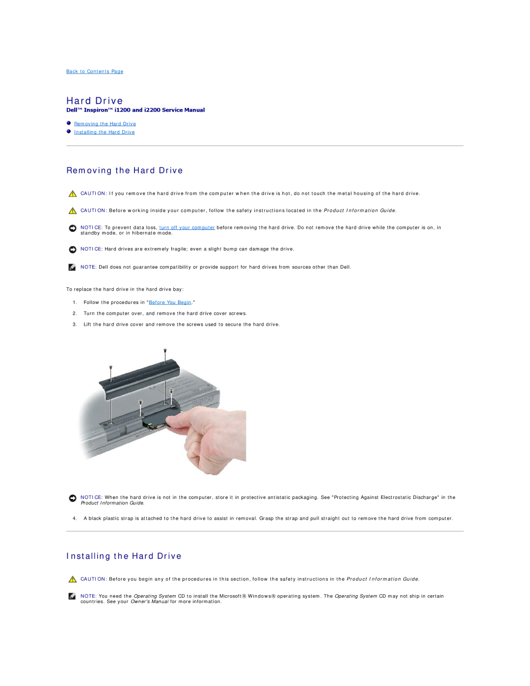 Dell I1200, I2200 manual Removing the Hard Drive, Installing the Hard Drive 