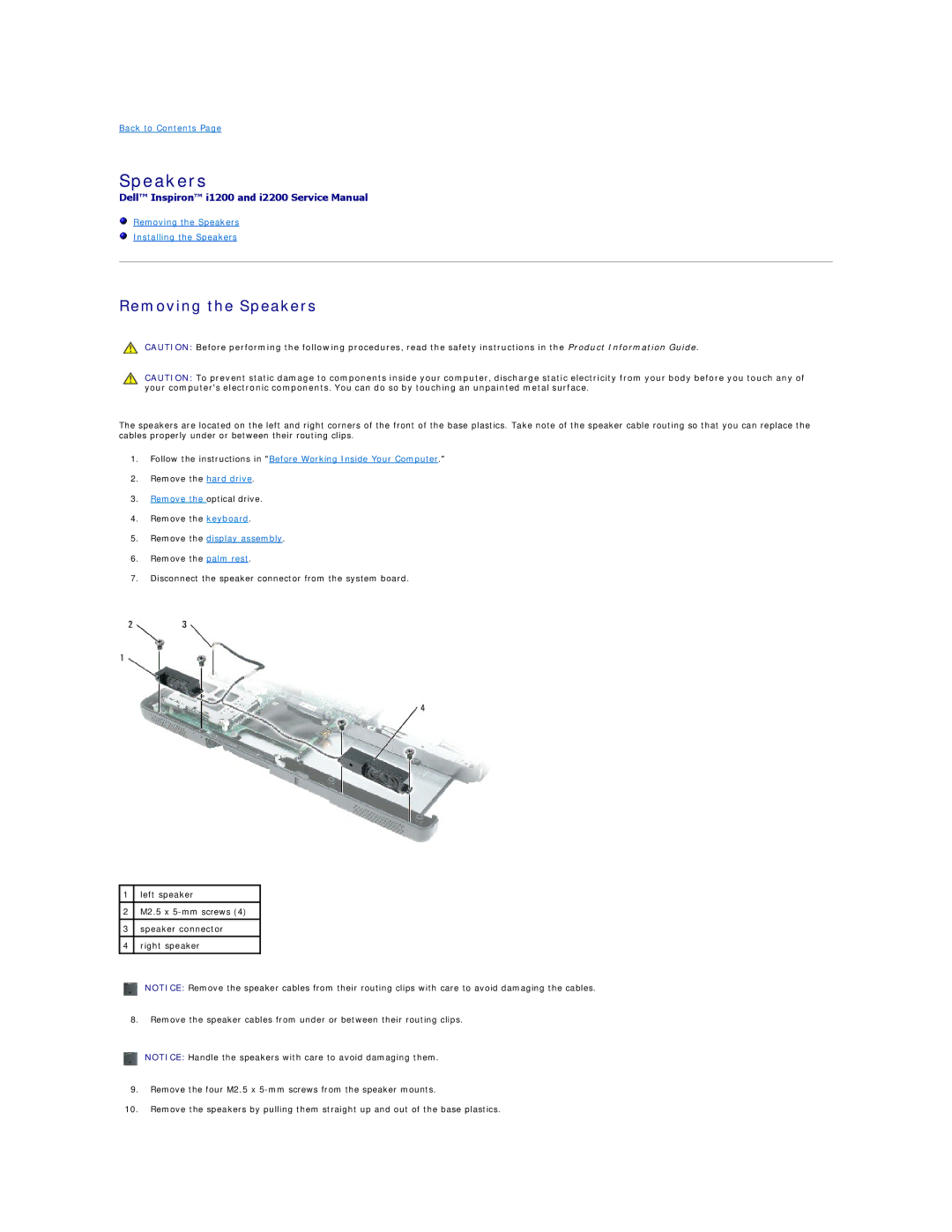 Dell I2200, I1200 manual Removing the Speakers 