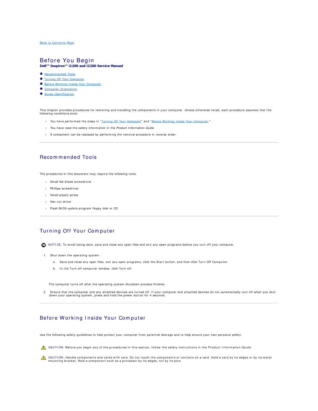 Dell I1200, I2200 manual Before You Begin, Recommended Tools, Turning Off Your Computer, Before Working Inside Your Computer 