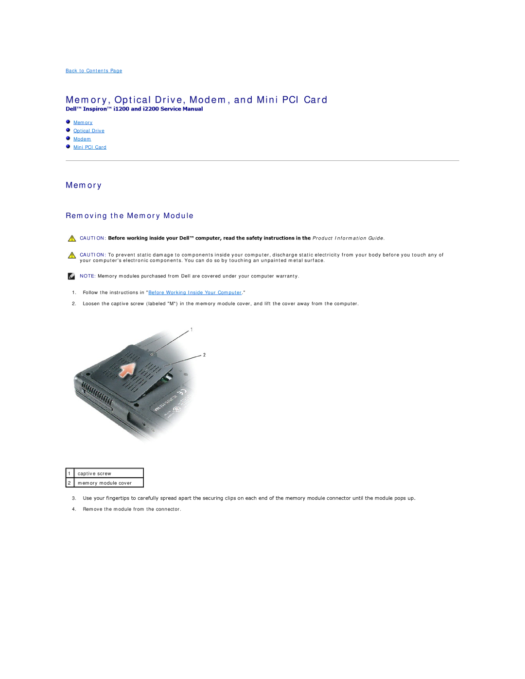 Dell I1200, I2200 manual Memory, Optical Drive, Modem, and Mini PCI Card, Removing the Memory Module 