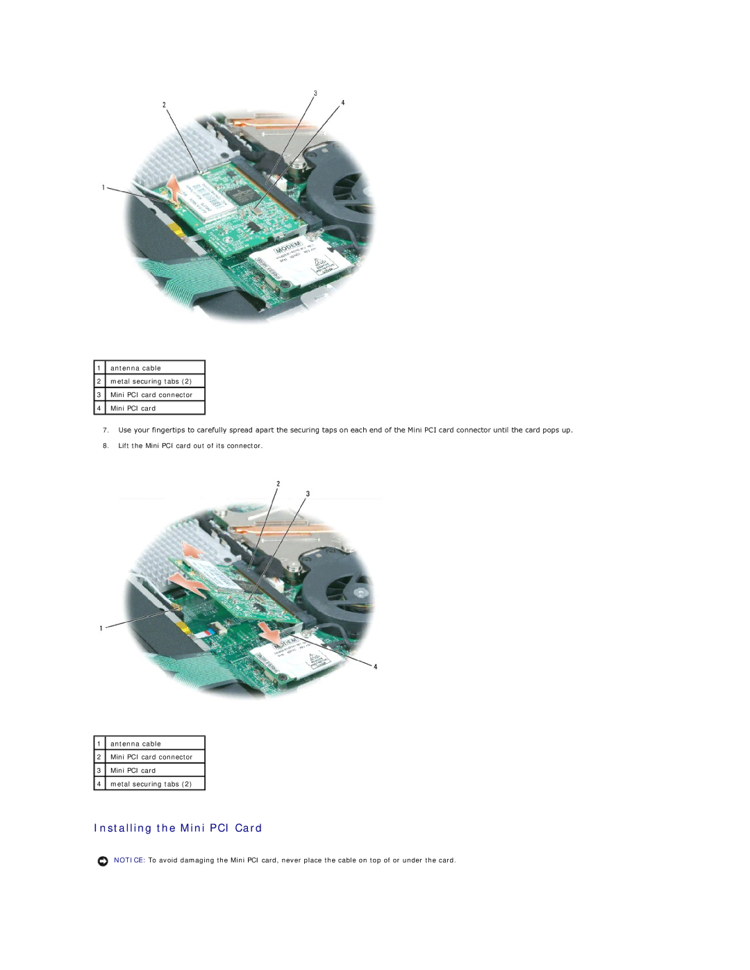 Dell I1200, I2200 manual Installing the Mini PCI Card 