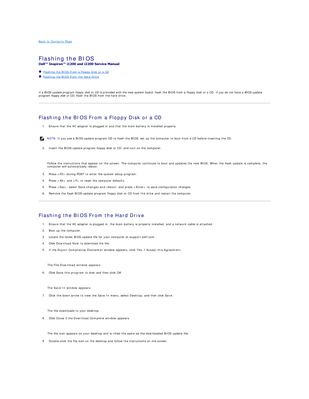 Dell I1200, I2200 manual Flashing the Bios From a Floppy Disk or a CD, Flashing the Bios From the Hard Drive 