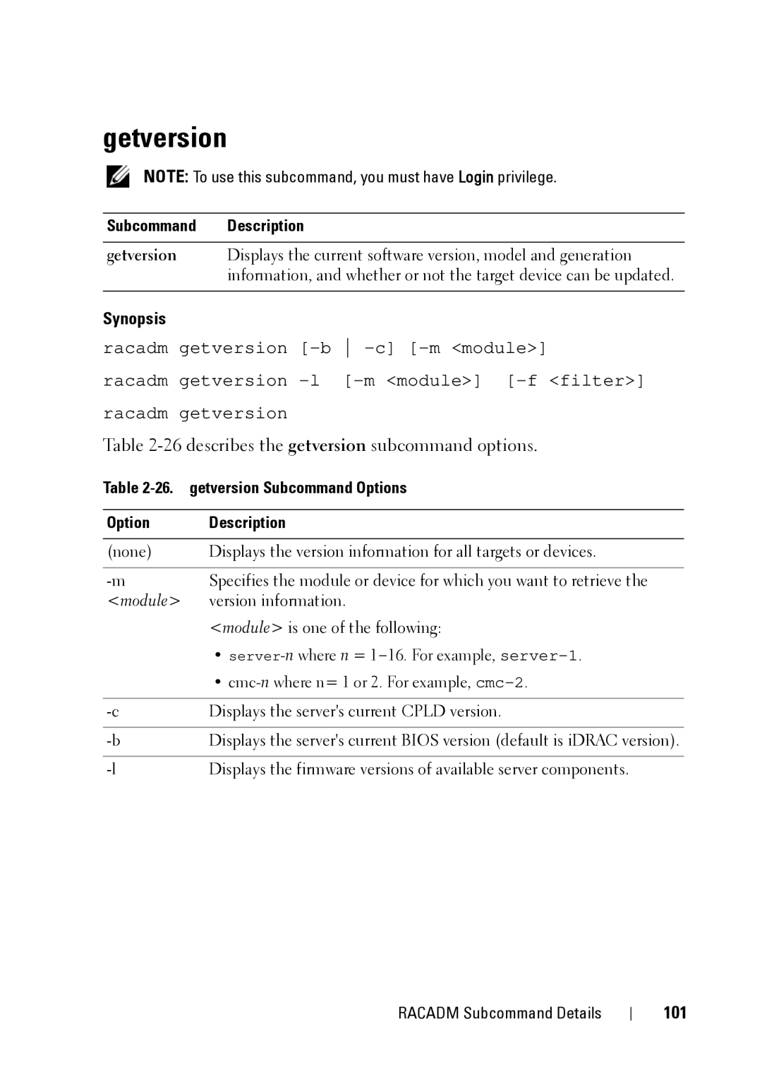 Dell CMC 3.2 Getversion, 26describes the getversion subcommand options, 101, getversion Subcommand Options Description 