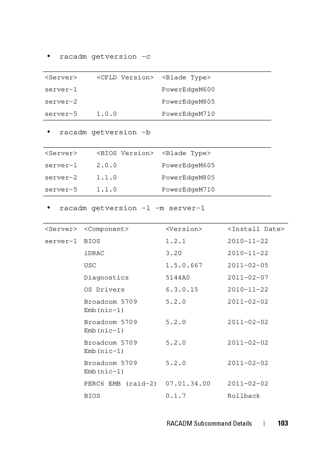 Dell IDRAC6 3.5, IDRAC6 1.95, CMC 3.2 manual Racadm getversion -c, 103 