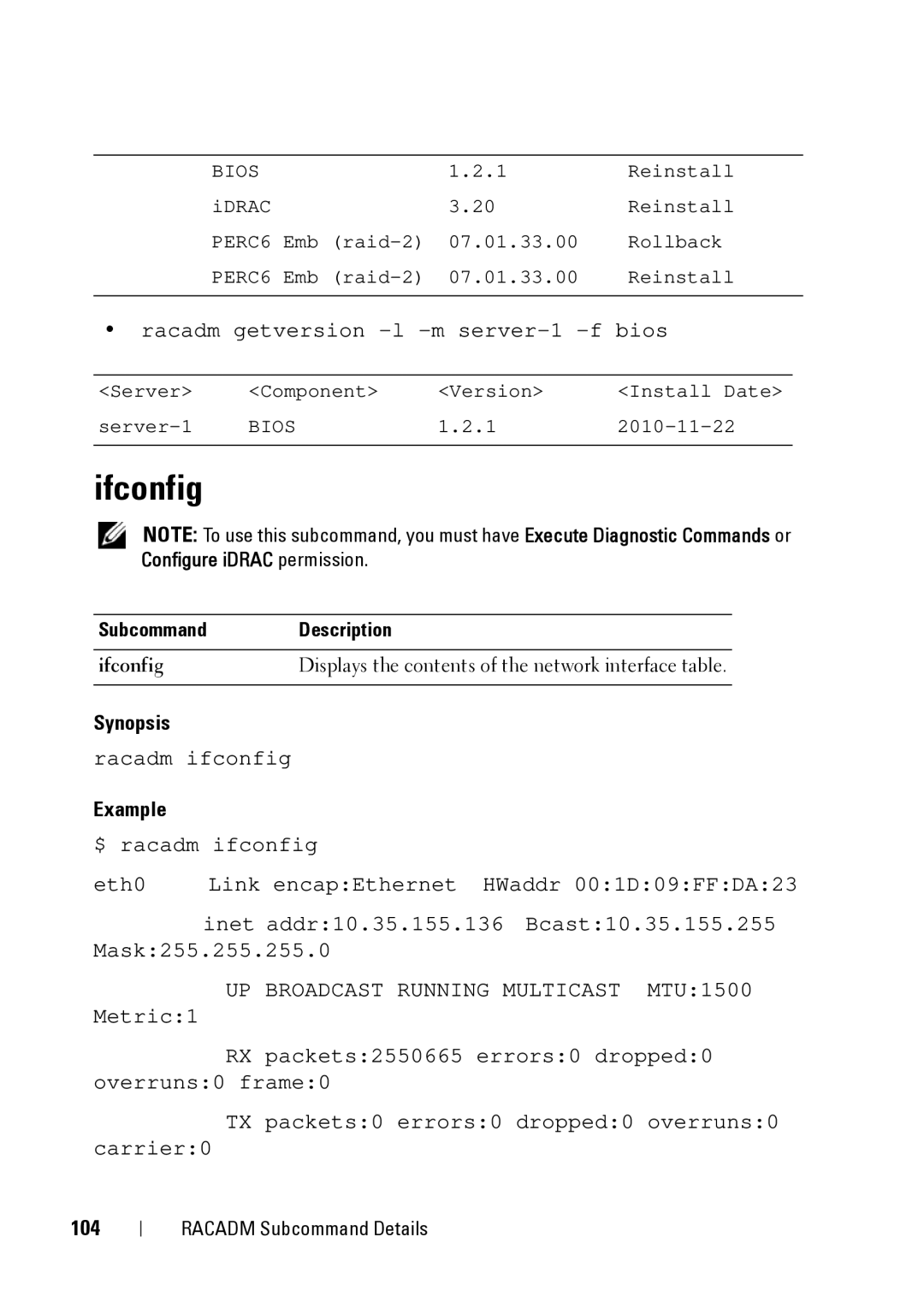 Dell CMC 3.2, IDRAC6 1.95, IDRAC6 3.5 manual Ifconfig, 104 