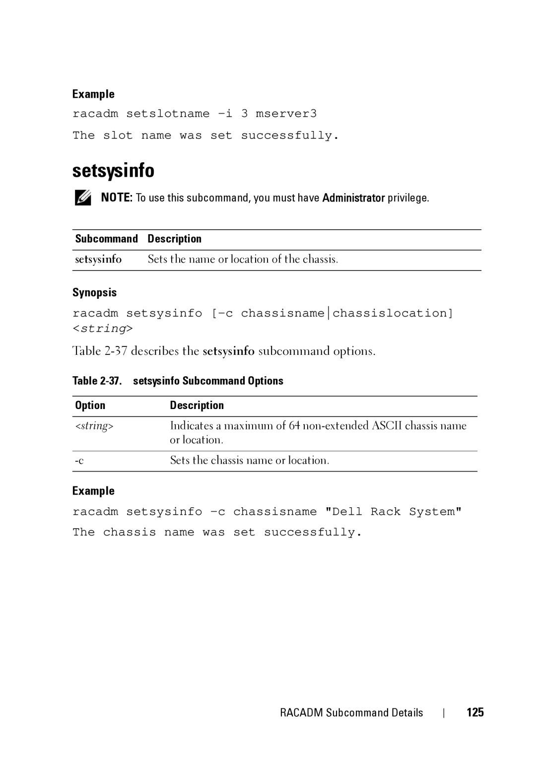 Dell CMC 3.2, IDRAC6 1.95 Setsysinfo, 37describes the setsysinfo subcommand options, 125, setsysinfo Subcommand Options 