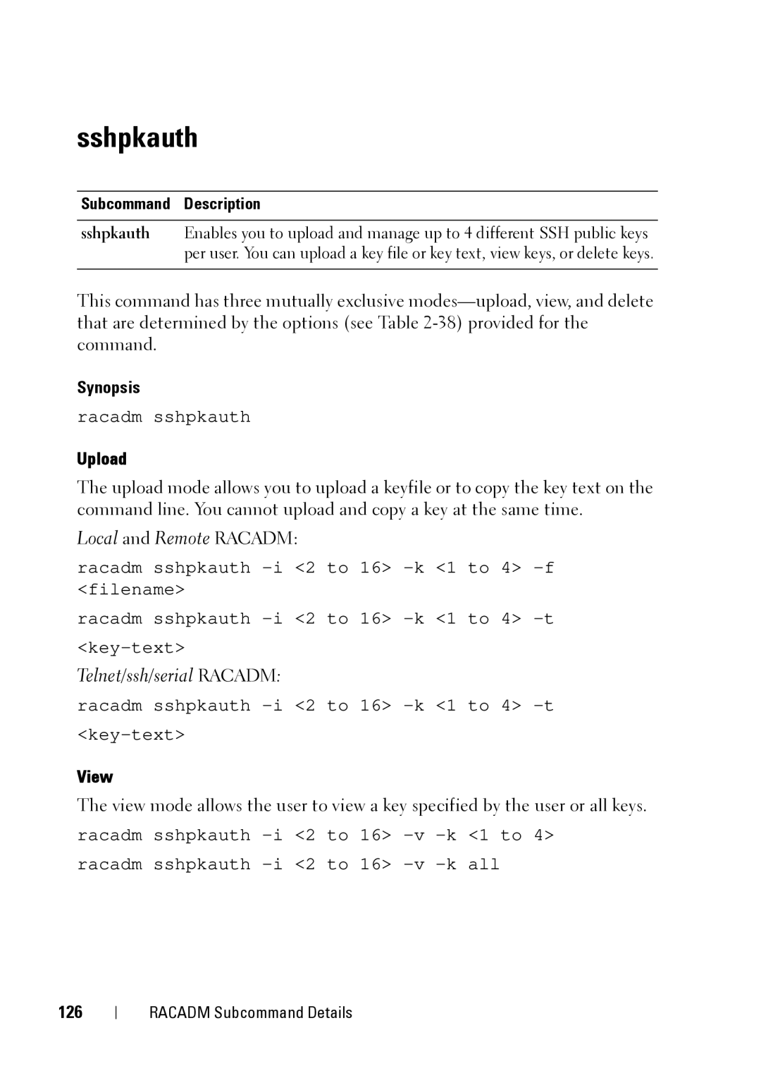 Dell IDRAC6 1.95, IDRAC6 3.5, CMC 3.2 manual Sshpkauth, Upload, View, 126 