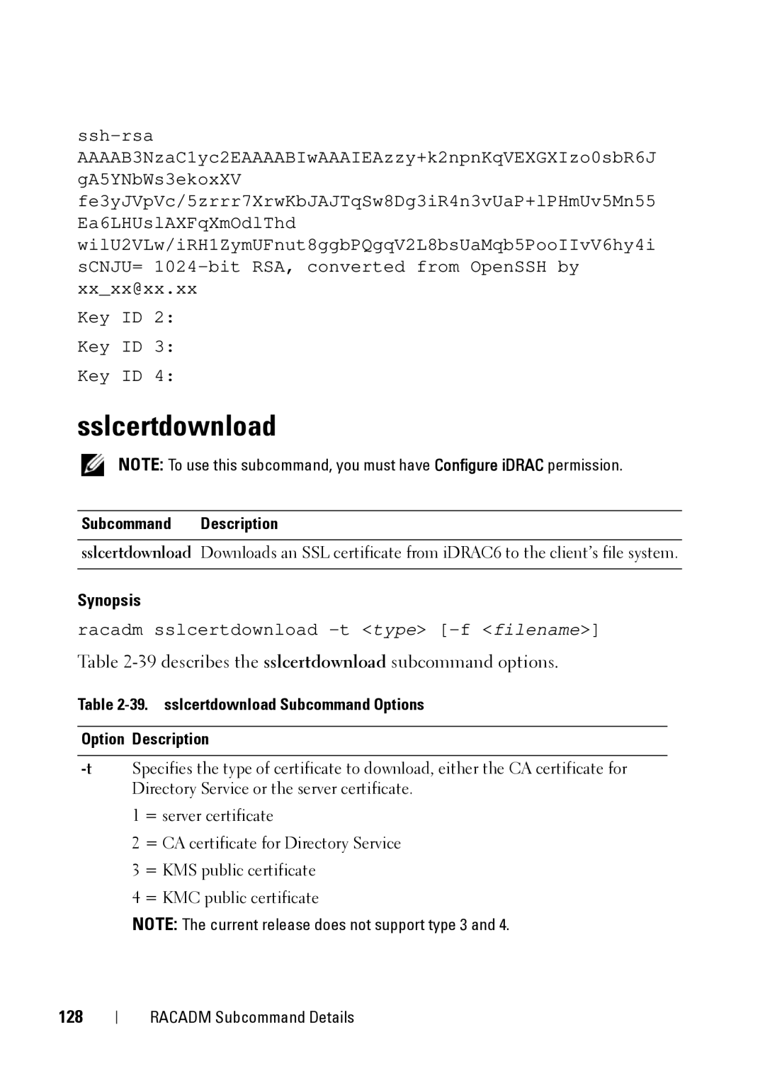 Dell CMC 3.2, IDRAC6 1.95, IDRAC6 3.5 manual Sslcertdownload, 39describes the sslcertdownload subcommand options, 128 