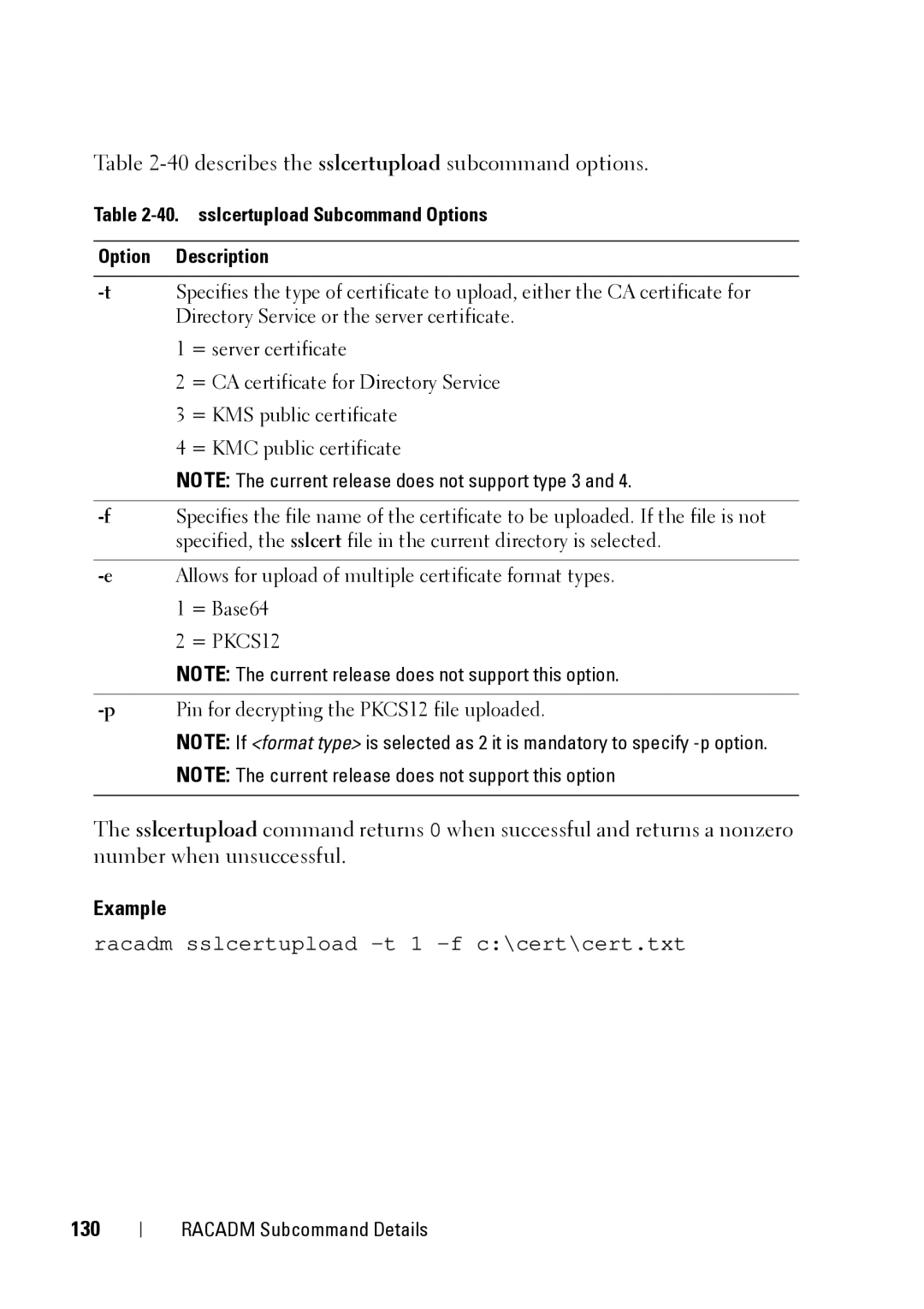 Dell IDRAC6 3.5 manual 40describes the sslcertupload subcommand options, 130, sslcertupload Subcommand Options Description 