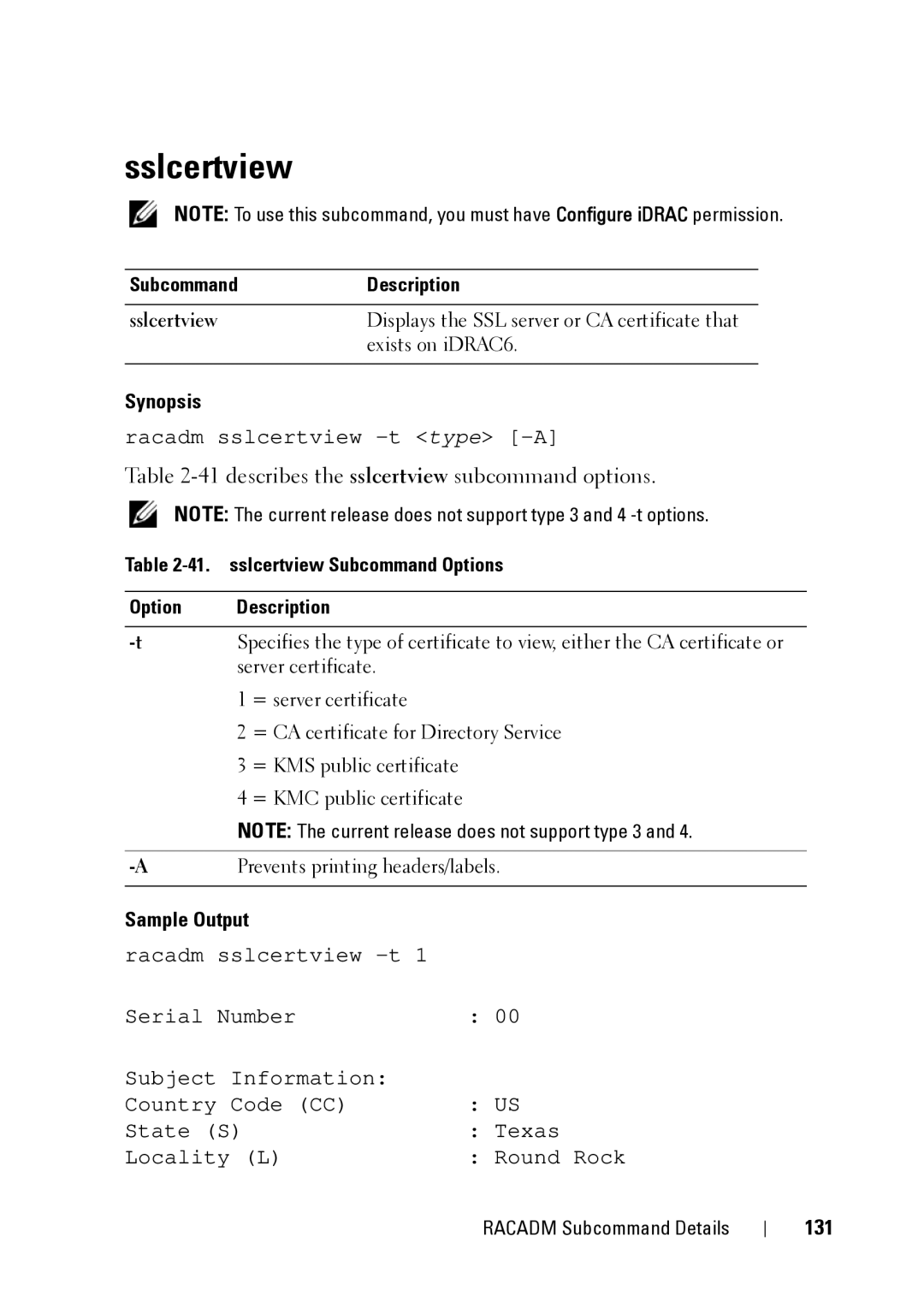 Dell CMC 3.2 Sslcertview, 41describes the sslcertview subcommand options, 131, sslcertview Subcommand Options Description 