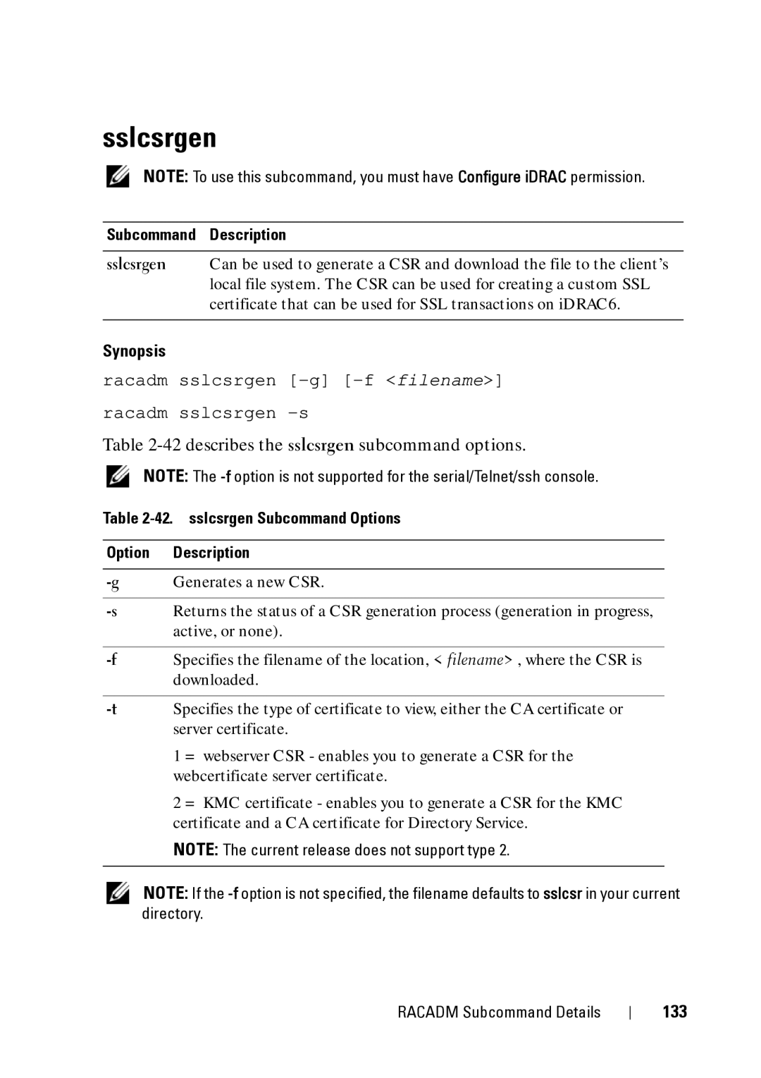 Dell IDRAC6 3.5, IDRAC6 1.95, CMC 3.2 manual Sslcsrgen, 42describes the sslcsrgen subcommand options, 133 