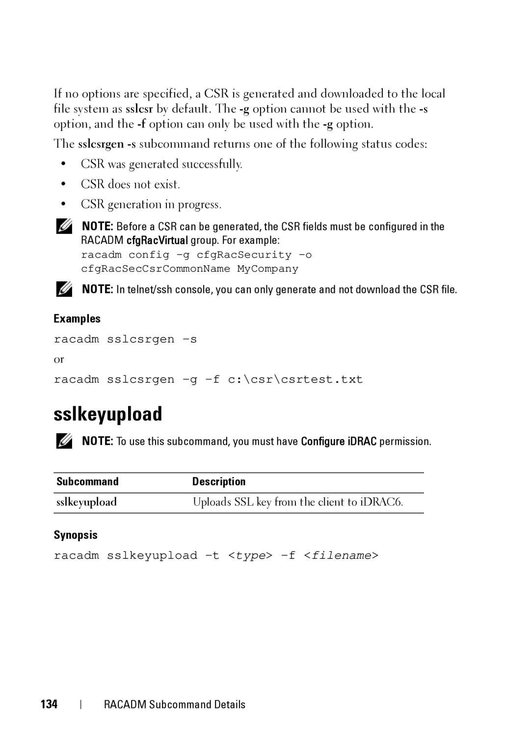 Dell CMC 3.2, IDRAC6 1.95, IDRAC6 3.5 manual 134, Sslkeyupload Uploads SSL key from the client to iDRAC6 