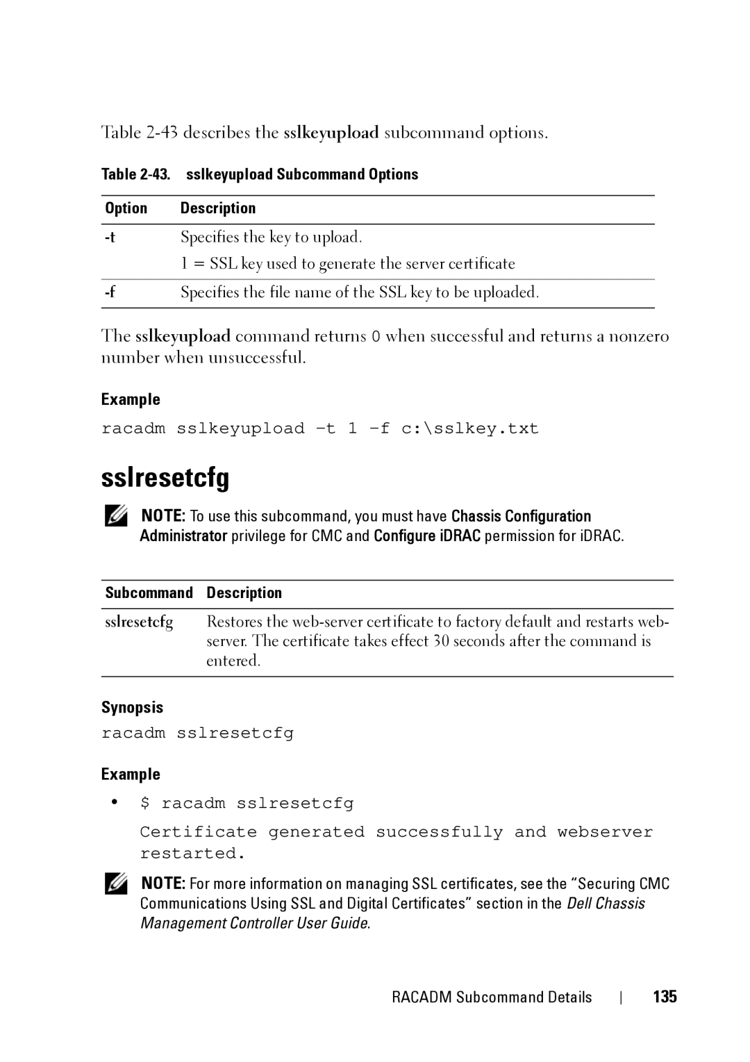 Dell IDRAC6 1.95, IDRAC6 3.5, CMC 3.2 manual Sslresetcfg, 43describes the sslkeyupload subcommand options, 135 