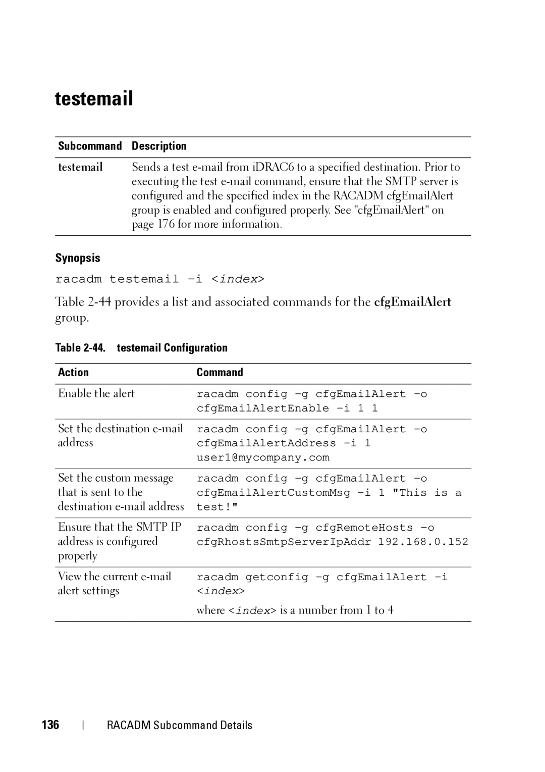 Dell IDRAC6 3.5, IDRAC6 1.95, CMC 3.2 manual Testemail, 136, testemail Configuration Action Command 