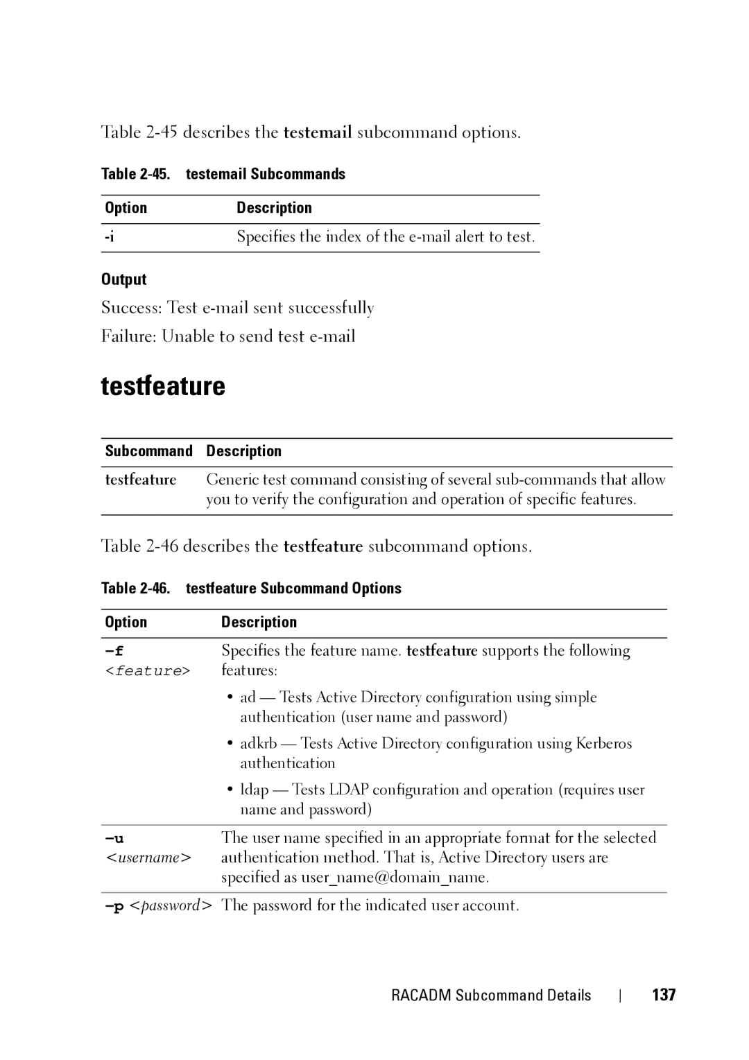 Dell CMC 3.2 Testfeature, 45describes the testemail subcommand options, 46describes the testfeature subcommand options 