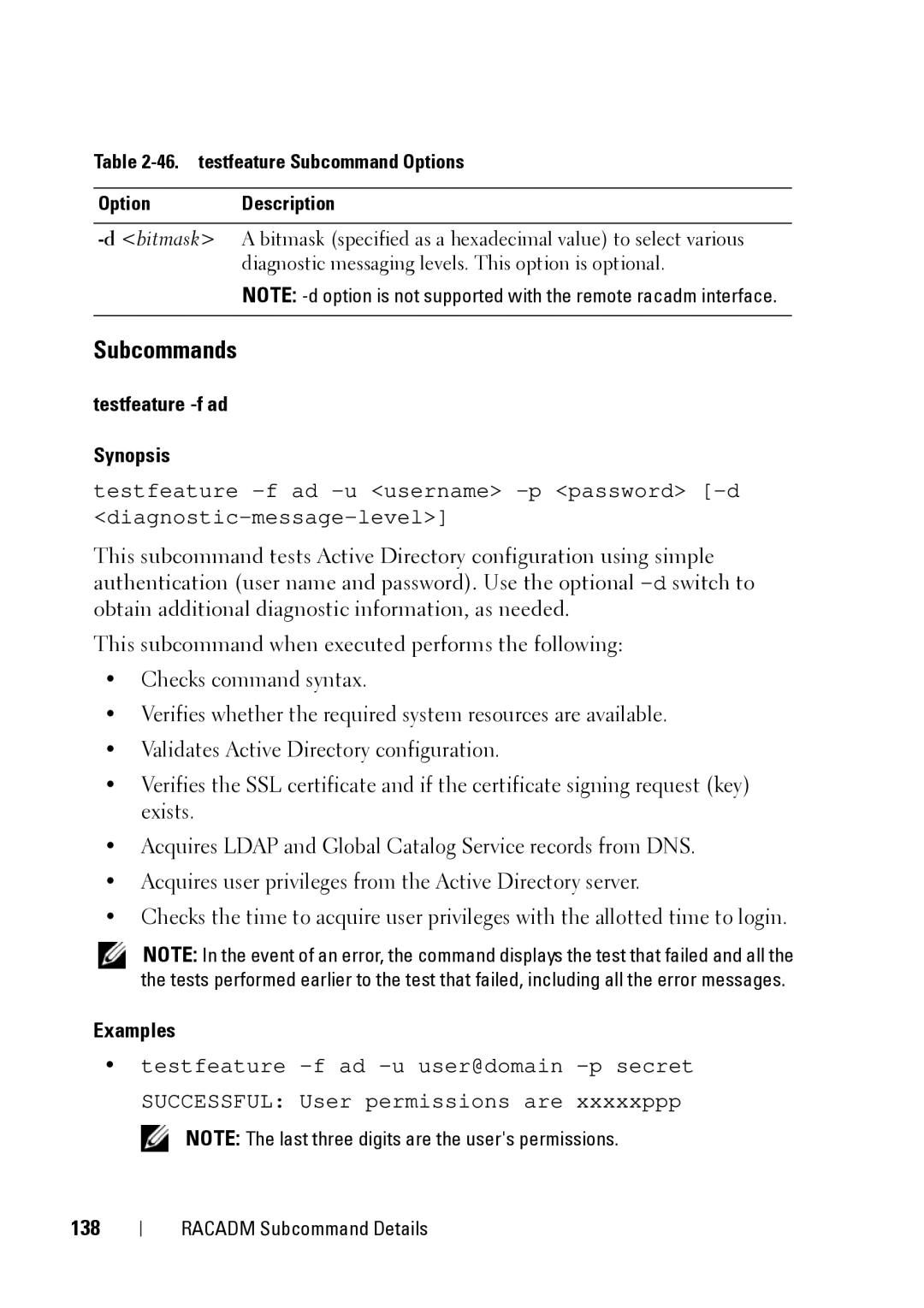 Dell IDRAC6 1.95, CMC 3.2 Subcommands, Testfeature -f ad Synopsis, 138, testfeature Subcommand Options Option Description 