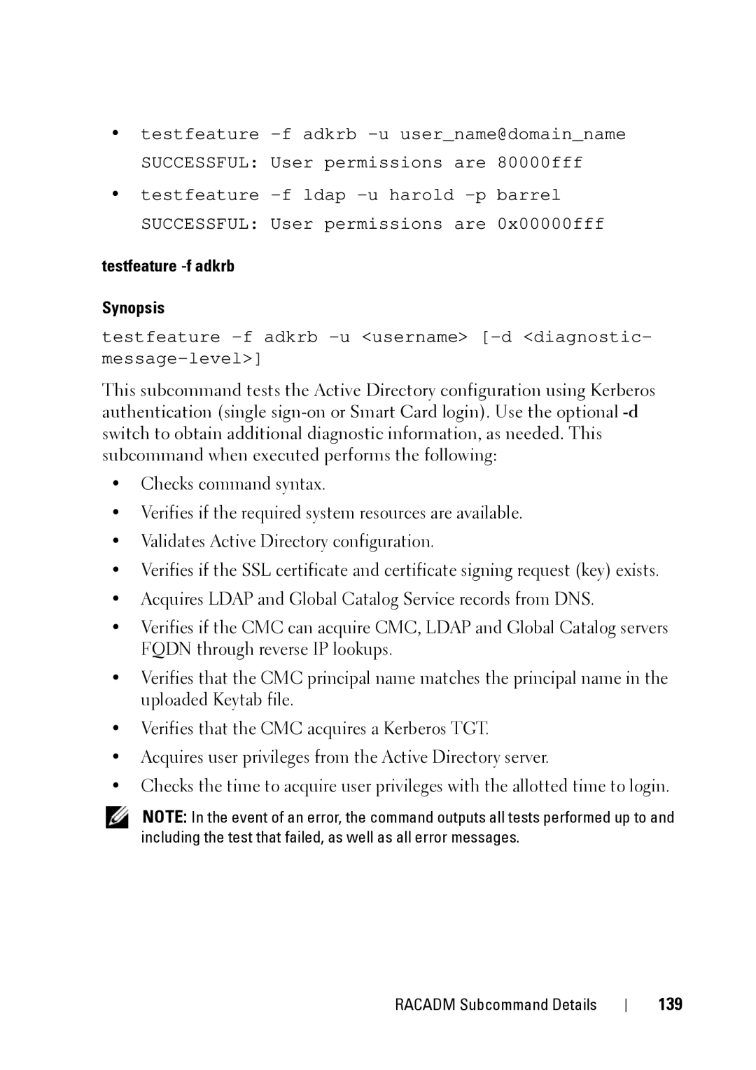 Dell IDRAC6 3.5, IDRAC6 1.95, CMC 3.2 manual Testfeature -f adkrb Synopsis, 139 