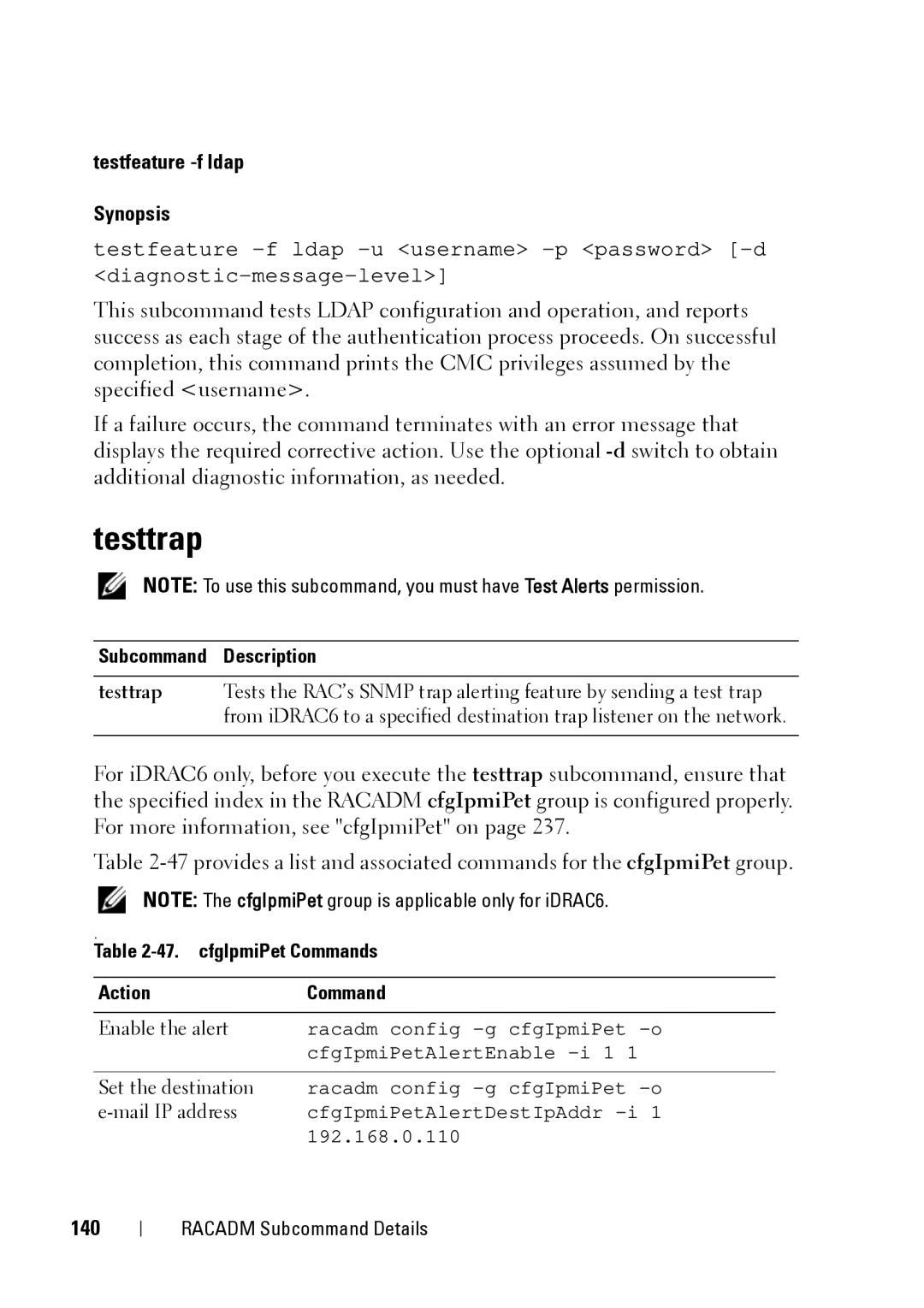 Dell CMC 3.2, IDRAC6 1.95, IDRAC6 3.5 manual Testtrap, Testfeature -f ldap Synopsis, 140, cfgIpmiPet Commands Action 