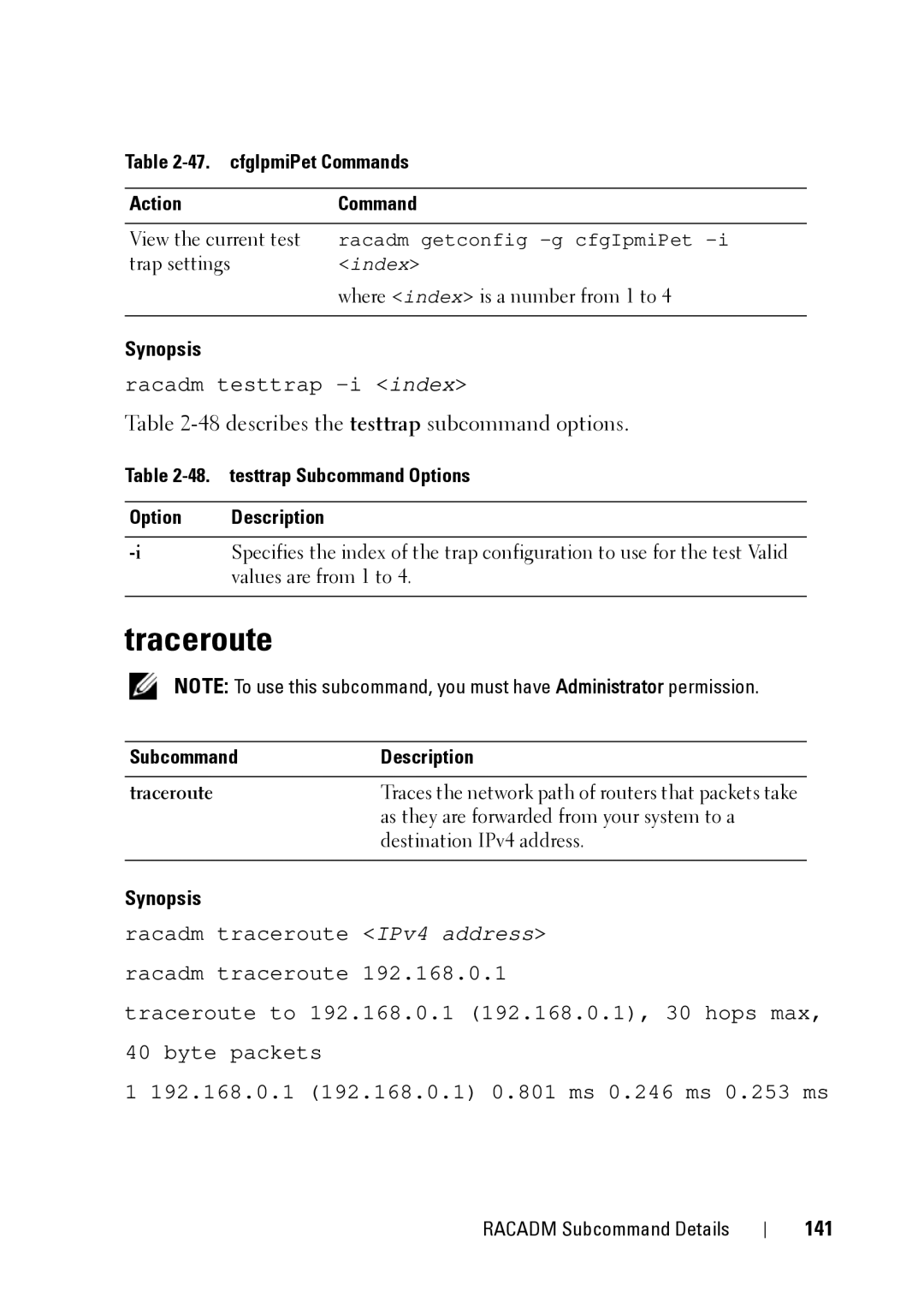 Dell IDRAC6 1.95 Traceroute, 48describes the testtrap subcommand options, 141, testtrap Subcommand Options Description 